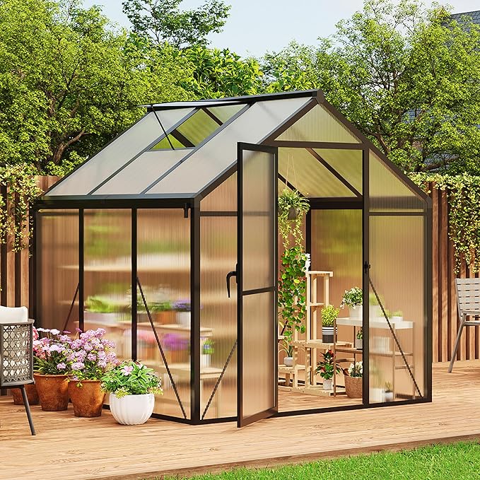 Garvee 6 x 6 ft Greenhouse, Greenhouses for Outside, Polycarbonate Greenhouse with Aluminum Frame, Lockable Door and Ajustable Roof Vent for Backyard, Green Houses for Outside Garden Backyard, Patio