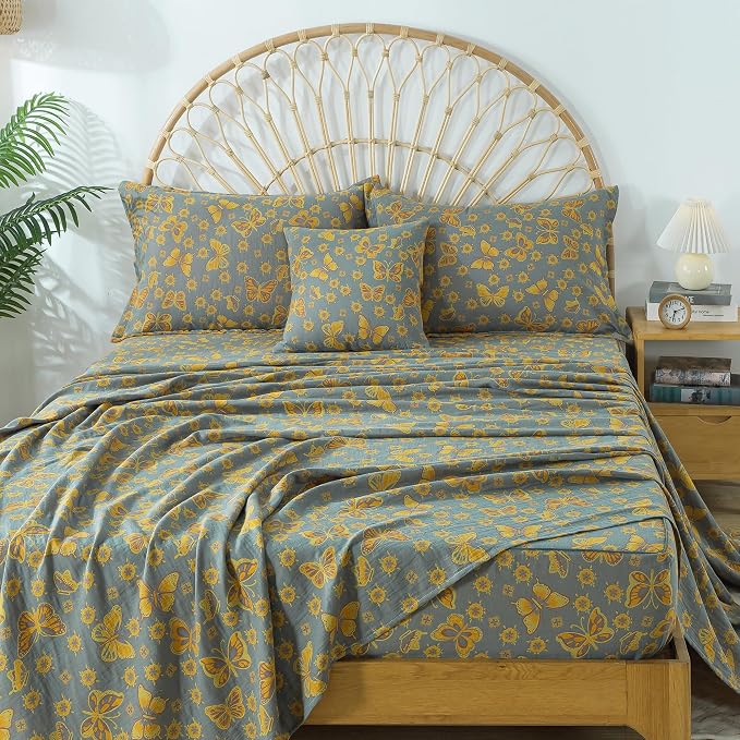 FADFAY Butterfly Sheets Set Queen Vintage Yellow Grey Floral Bedding Shabby Farmhouse Bedding Super Soft Washed Double -Layer Muslin Sheets 100% Cotton Deep Pocket Fitted Sheet 4Pcs, Queen Size