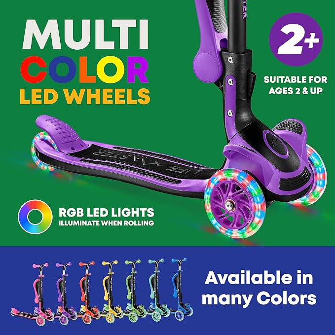 3 Wheel Scooter for Kids with Foldable Seat, Adjustable Handlebar Height, Lean-to-Steer Ride On Toy for Kids Ages 2+, Light-Up LED Wheels, Wide Anti Slip Deck, Indoor & Outdoor Use