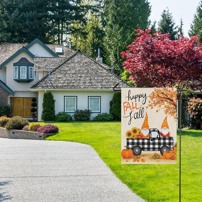 Happy Fall Pumpkin Truck Burlap House Flag 28x40 Inch Double Sided Outside Maple Leaves Tree Autumn Gnomes Seasonal Yard Outdoor Flag Banner for Garden Lawn Patio Holiday Decorations