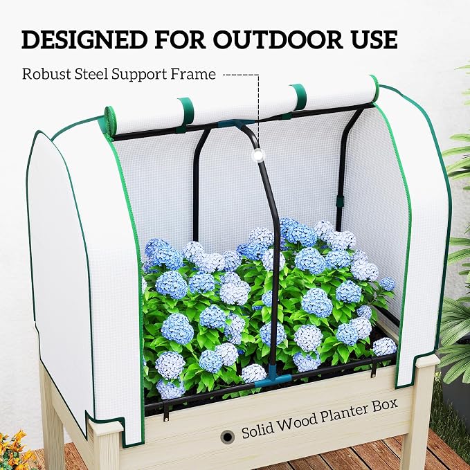 Outsunny Raised Garden Bed with PE Greenhouse Cover Outdoor Elevated Wood Planter Box for Herbs and Vegetables, Use for Patio, Backyard, Balcony, 35 x 22 x 47 inch, Natural