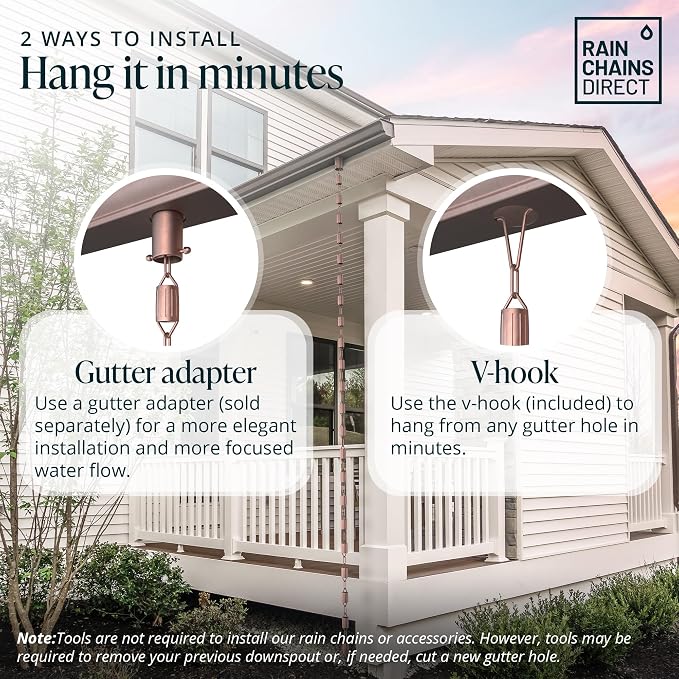 Rain Chains Direct - Scallop Rain Chain - 8.5 FT - Pure Solid Copper - Premium Rain Chains for Gutters