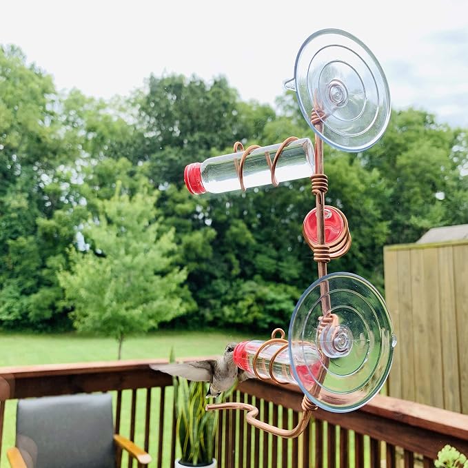Window Hummingbird Feeder | Handcrafted Copper and Aluminum | Multiple Stations | Modern Hummingbird Feeder | Glass Bottles | Suction Cups (Copper, Three Station)