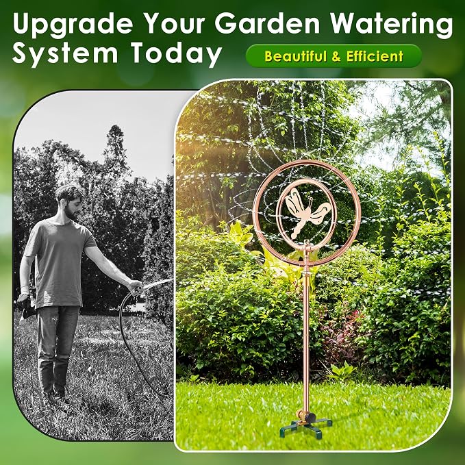 34" H Copper Coated Stainless Steel Ornamental Sprinkler, Corrosion Resistant Garden Rotating Sprinkler 360 Degree Shape Decorative for Lawn Garden Landscape(Double Ring Butterfly)