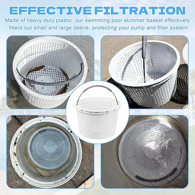 8" Pool Skimmer Basket Replacement for Pentair U-3 & Hayward SP1070 | Heavy-Duty Inground Pool Basket with Weighted Metal Base & 316 Stainless Steel Handle