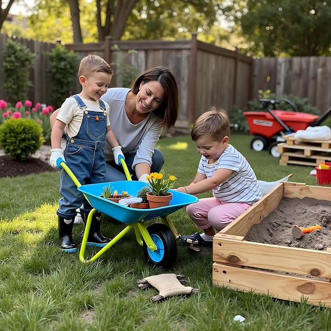 G & F Kids Metal Wheelbarrow, Child-Size Steel Garden Wheelbarrow for Toddlers & Kids, Sturdy Single-Wheel Design for Outdoor Play, Gardening & Sandbox Fun Activities, 28" H x 12" W Kid Size