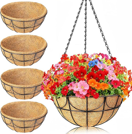 13.5 Inch 4 Pack Hanging Baskets Planters for Outdoor Plants - Wire Hanging Baskets Plant for Plants Outdoor with Coco Liners Minimalist Metal Hanging Pots for Outside Garden Patio Porch Decor