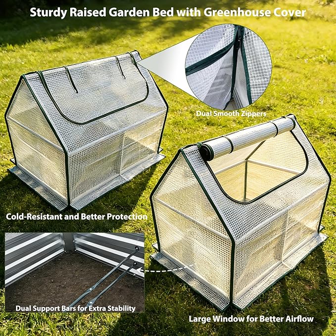 Miory Raised Garden Bed with PE Cover, 4x2.5x1 FT Galvanized Planter Box Outdoor with Mini Greenhouse, 2 Zippered Windows for Vegetables, Flowers, Includes Plant Labels & Gloves