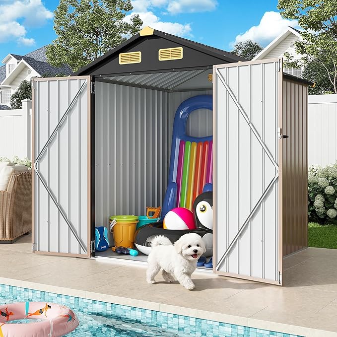 IRONCK 6×6 FT Shed, Galvanized Steel Tool Storage Shed with Lockable Double Doors & Ventilation, Outdoor Utility Storage for Wheelbarrow, Bikes, Yard Bins, Black Brown