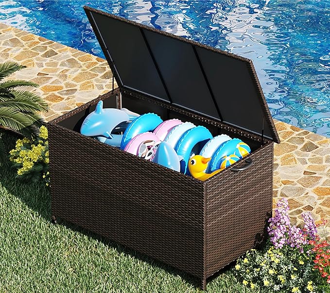 185 Gallon Large Deck Box Waterproof PE Rattan Outdoor Storage Box with Handles and Wheels, Storage Bin for Garden, Balcony, Porch, Pool, Yard