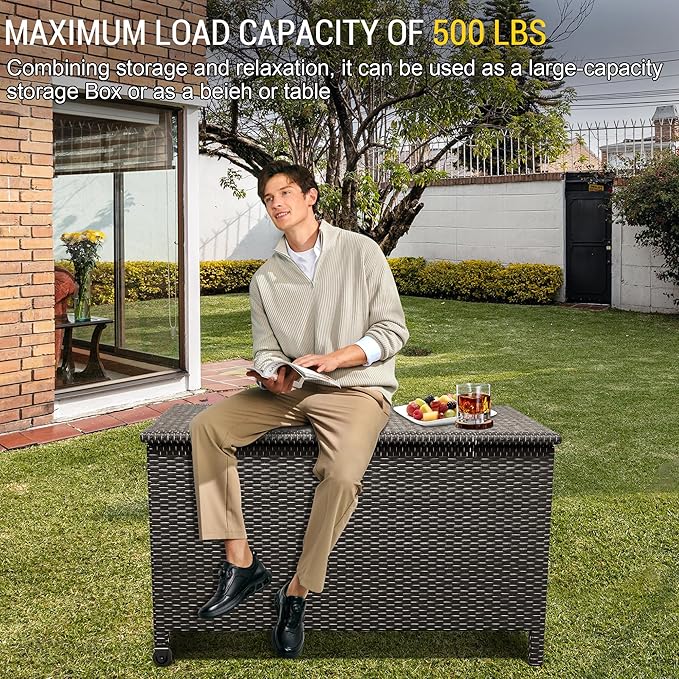 Large Deck Box Waterproof PE Rattan Outdoor Storage Box with Handles and Wheels, Storage Bin for Garden, Balcony, Porch, Pool, Yard (Brown, 125 Gallon)