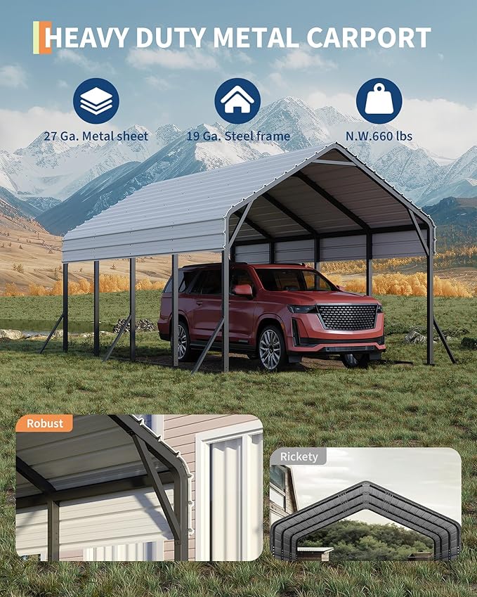 GarveeLife 13 ft x21 ft x11 ft Oversized Metal Carport, Steel Heavy Duty Carport for All-Weather, Permanent Shelter for Bass Boats, Pickup Trucks, and Tractors, N.W. 660 LBS