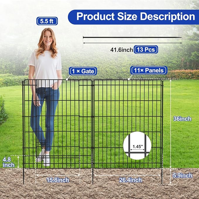 INJOPEXI Decorative Garden Fence 12 Panels 26ft (L)×36in (H) Garden Fences Outdoor with 11 Panels + 1 Gate, Animal Barrier Rabbit Fencing Rustproof Metal Wire Temporary Dog Fence for Yard Lawn Park