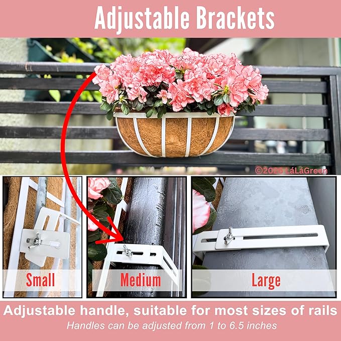 LaLaGreen Deck Railing Planters (2 Pack, 16 Inch) White Metal Rectangular Window Flower Box with Coco Liner, Wall Hanging Planter for Outdoor Plants Deck Rail Fence Balcony Patio Porch Garden Decor