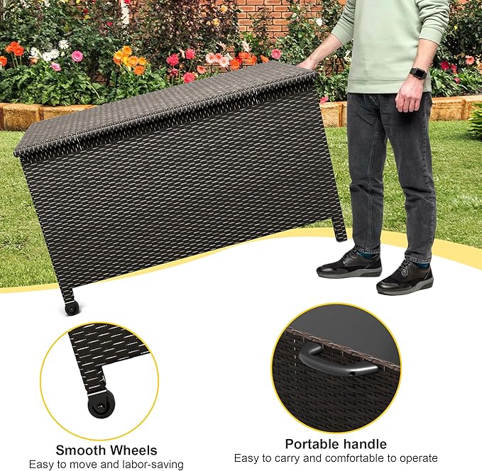 185 Gallon Outdoor Deck Box with Wheels, All-Weather PE Wicker & Aluminum Frame, Waterproof Patio Storage for Cushions, Garden Tools, Pool Toys, Lockable Gray Storage Box with Soft-Close Lid
