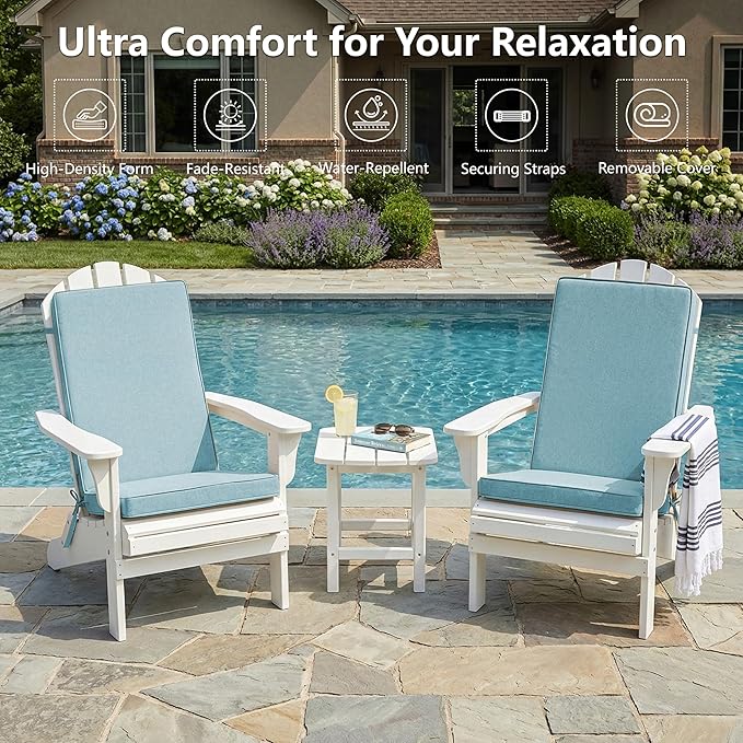Adirondack Chair Cushions Set of 2 - Removable Covers, Water-Repellent & Fade-Resistant Faux Linen, Securing Straps, Non-Slip Bottom, Fit for Most Outdoor Adirondack & Rocking Chairs - Teal