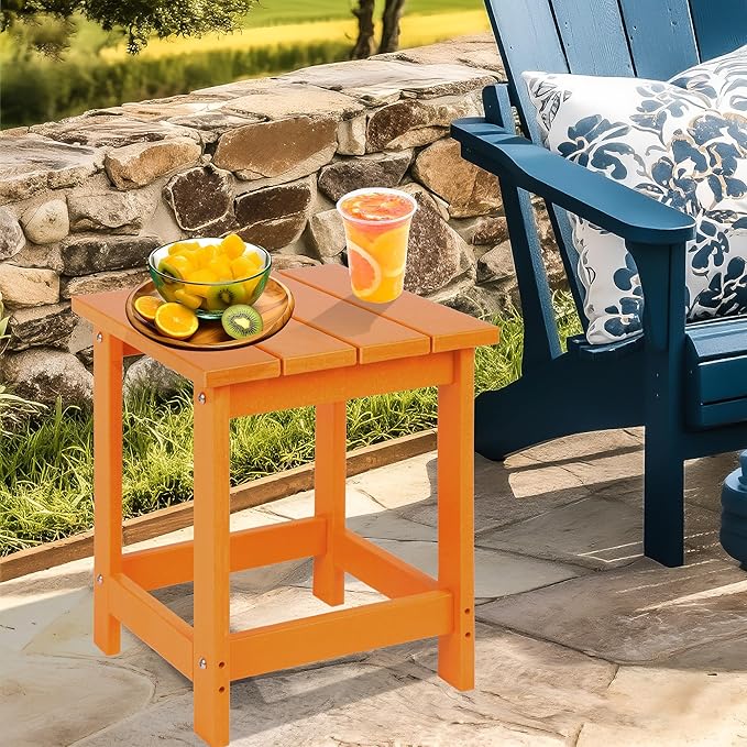 LZRS Square Patio Side Table, Heavy Duty HDPE Outdoor End Table with Wood Texture, Weatherproof Composite Table for Adirondack Chairs, Deck, Pool, Indoor/Outdoor, No Peeling or Cracking(Orange)