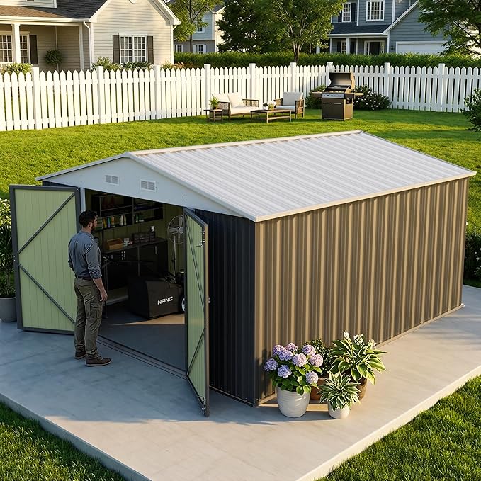 Greesum 10x12FT Outdoor Storage Shed, Utility Tool Shed with Sloping Roof, Metal Storaged Garden Shed with Door & Lock for Patio Storage, Gray