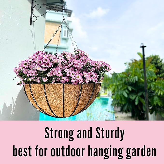 LaLaGreen Hanging Baskets for Plant Outdoor (18 Inch, 2 Pack) Extra Large Black Metal Wire Hanging Planter with Coco Liner Round Flower Pot Holder Hanger Deck Porch Modern Garden Balcony Country Decor