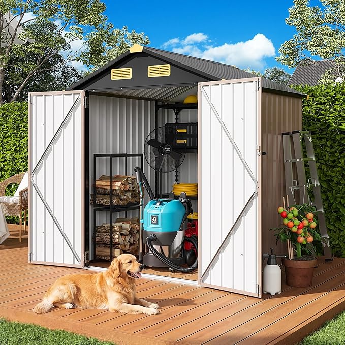 IRONCK 6×6 FT Shed, Galvanized Steel Tool Storage Shed with Lockable Double Doors & Ventilation, Outdoor Utility Storage for Wheelbarrow, Bikes, Yard Bins, Black Brown