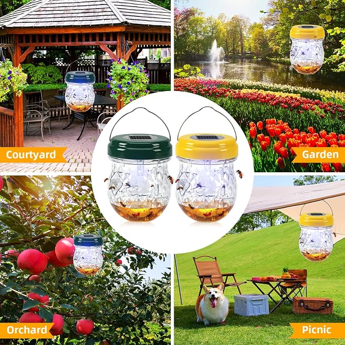 4 Pack Solar Wasp Traps Outdoor Hanging: Reusable Yellow Jacket Traps with LED Light - Effective Carpenter Bee Catcher & Hornet Trap - Waterproof Wasp Deterrent for Garden & Yard (4)
