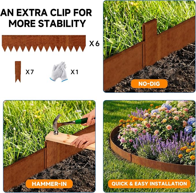 20ft.Cor-Ten Weathering Steel Landscape Edging(6 Pack)-8"x40"- Pre-Rusted Garden Edging with 7 Clips & Gloves - Durable,Flexible, Easy-to-Install for Landscaping,Tree Rings,Lawn & Garden