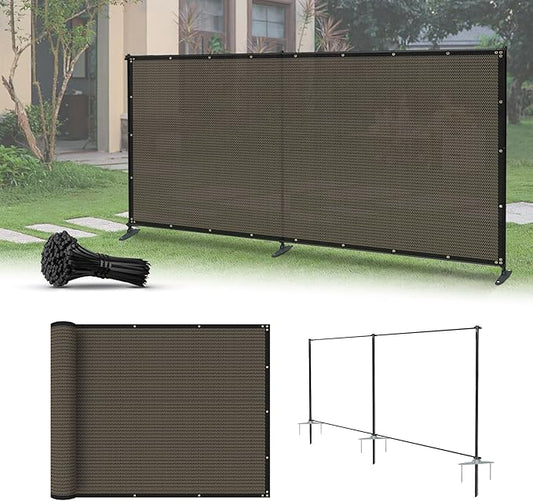 5'x9' Privacy Fence Kit Freestanding Mesh Screen with Iron Poles Temporary Fencing Outdoor Patio Backyard Divider Dog Air Conditioner Trash Fence Brown