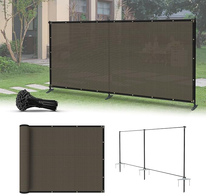 6'x8' Privacy Fence Kit Freestanding Mesh Screen with Iron Poles Temporary Fencing Outdoor Patio Backyard Divider Dog Air Conditioner Trash Fence Brown Custom
