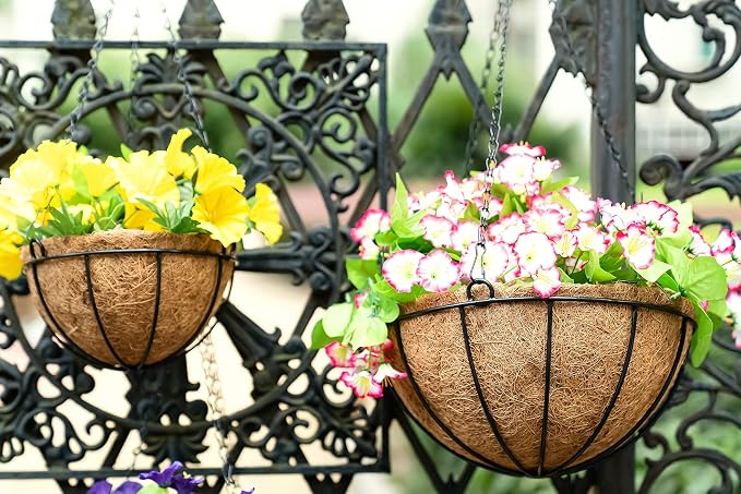 Kingbuy 12" Metal Hanging Basket for Herbs & Flowers – 6" Depth Rust-Resistant Wire with Coconut Liner & Adjustable Chains for Kitchen Window, Balcony & Garden - 2 Pack