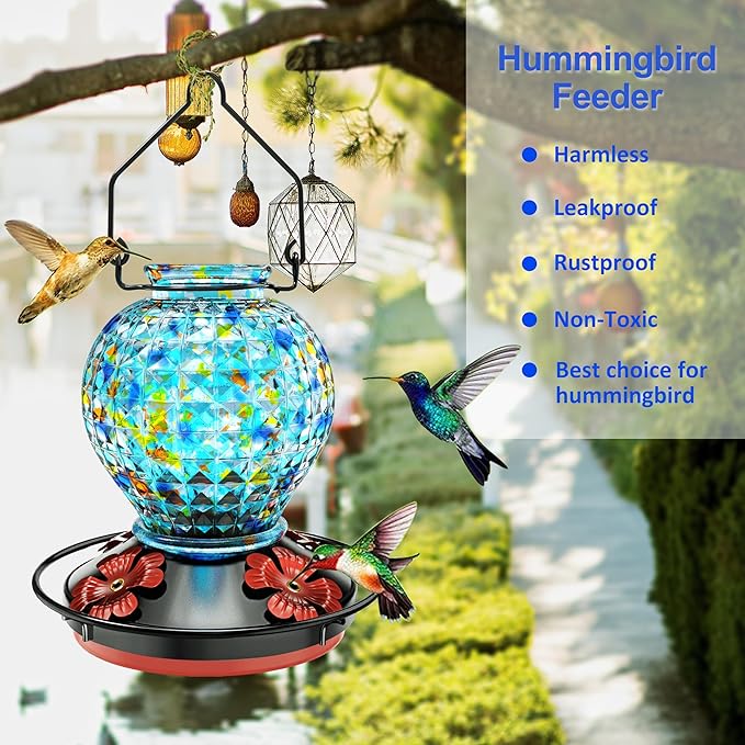 Hummingbird Feeder, Glass Hummingbird Feeder for Outdoors, Vibrant Colors Attract Hummingbirds, 18 Ounces, Diamond Ball Shape Bottle