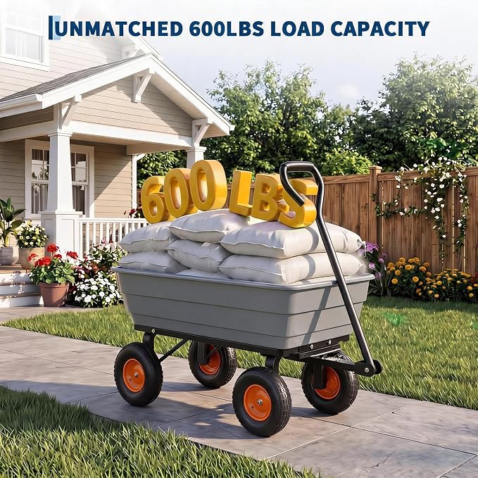 600 lb Poly Garden Dump Cart, Wheelbarrow Yard Cart with 10 in Wheels, Quick-Dump & Towable Utility Wagon with Convertible Handle for Yard, Soil, Rocks（Gray）
