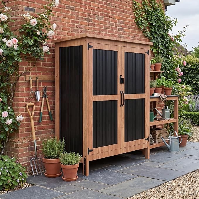 Greesum Outdoor Storage Cabinet with Adjustable Shelf, Wood & Metal Garden Storage with Lockable Doors, Weatherproof Shed for Tools, Lawn Equipment, Pool Accessories, Black