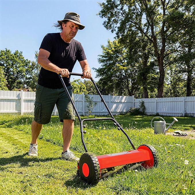 16" 5-Blade Push Reel Lawn Mower, Manual Push Mower with Adjustable Cutting Height, Compact Lawnmower for Small to Medium Yard and Field, Lightweight Hand Reel Push Mower, Red