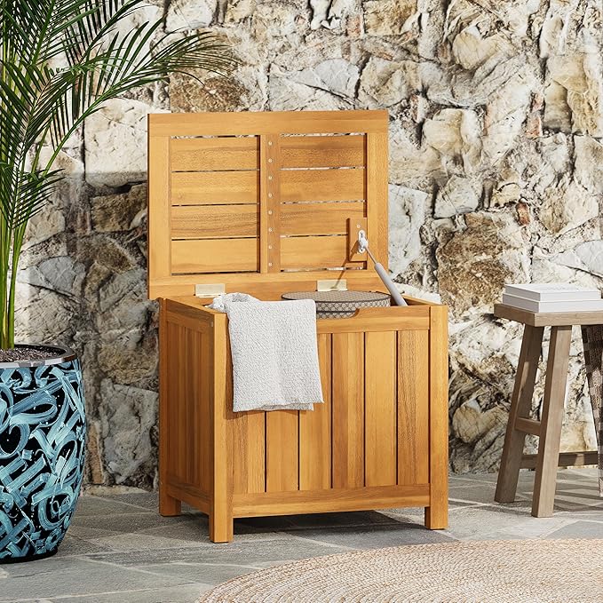 Christopher Knight Home Kensy Acacia Wood Outdoor Storage Box, 30 Gallons Wooden Patio Deck Box, Garden Backyard Tool Storage, Outdoor Storage Container for Patio Furniture Cushion, Teak Finish