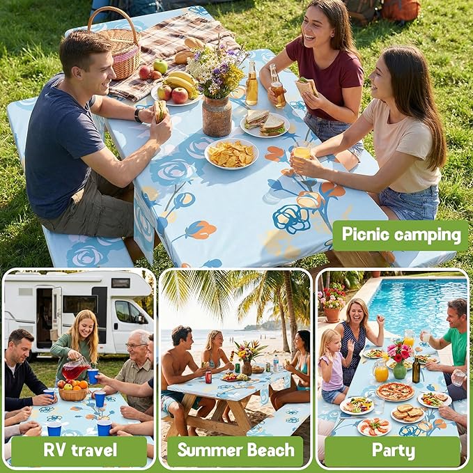 Picnic Table Cover with Bench Covers Waterproof Campsite Tablecloth Patio Backyard Camp Camping Kitchen Essentials Accessories Supplies Rv Cabin Gear Acampar Must Haves Table Cloth Camper Women Gifts