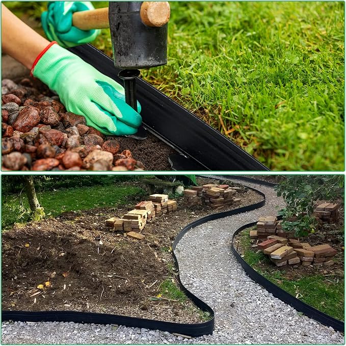 Queekay 148FT 2 Inch Tall Landscape Edging Kit with 70 Spikes 20 Connectors Plastic Garden Landscape Edge Border Flexible Landscaping Edging for Lawn Garden Yard Flower Bed(Black,2 Inch)