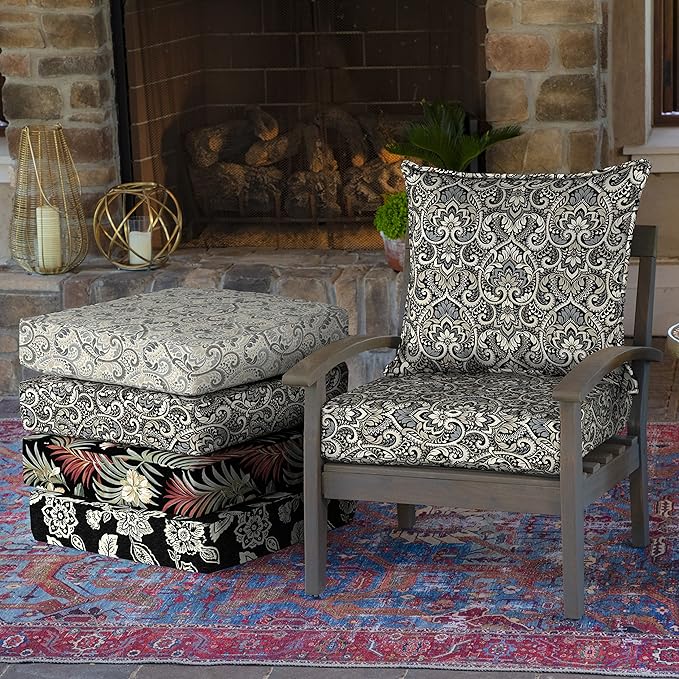 Arden Outdoor Deep Seat Cushion Set (2-Pack), 24 in x 24 in, Weather-Proof, Rain-Proof, Fade Resistant Patio Cushion for Chair, Sofa, and Couch Black Aurora Damask