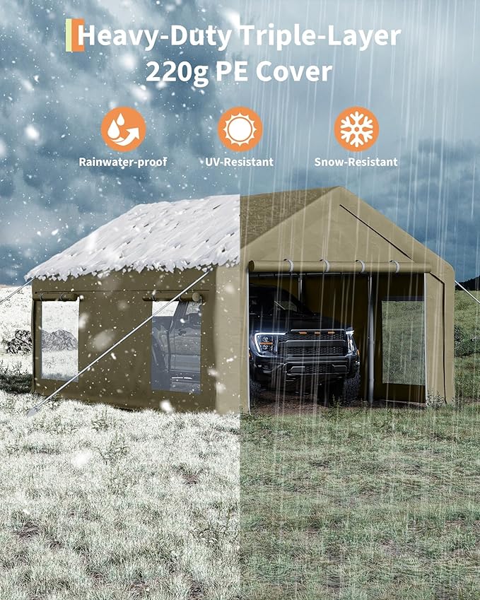 GarveeLife 13x20 ft Carport with 8 Sandbags, Car Port with 220 g PE Tarp, 2 Roll-Up Doors, and 4 Windows, for Full-Size Pickups, Bass Boats, Tractors, and SUVs, Khaki