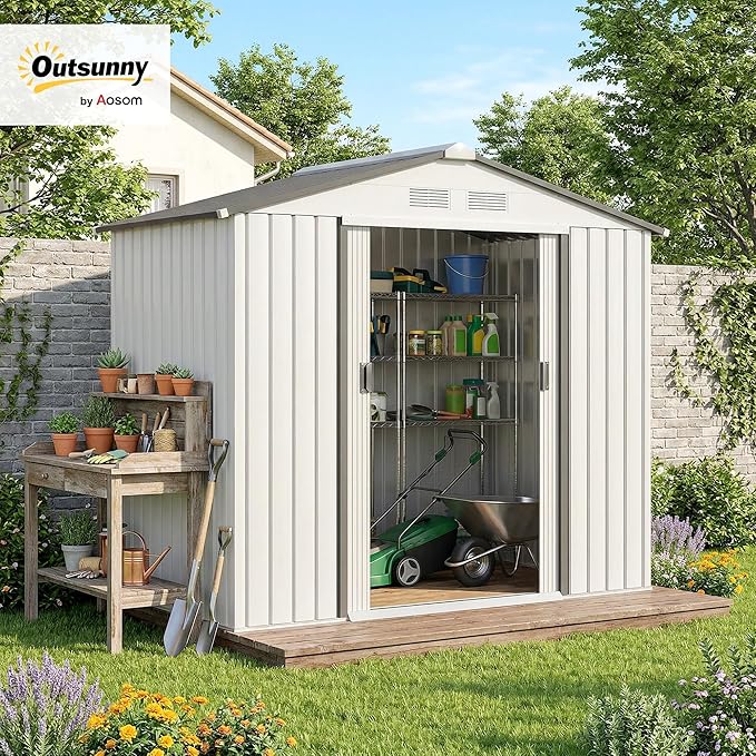 Outsunny 7' x 4' Outdoor Storage Shed, Garden Tool Metal Shed with Foundation Kit, Double Lockable Door, Air Vents and Sloping Roof, for Backyard, Patio, Lawn, White