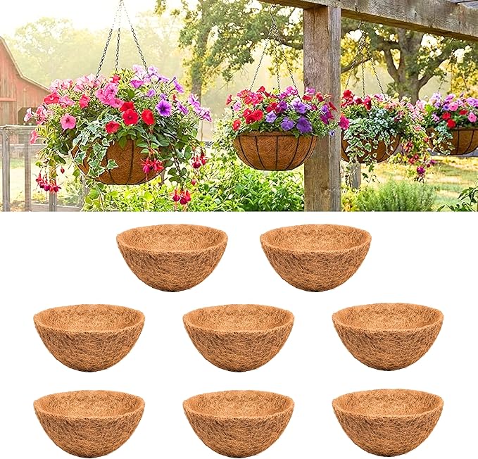 LaLaGreen 12'' (8 Pack, Round) Coco Liners for Hanging Basket – Small Coir Fiber Replacement for Flower Pot, Garden Holder, DIY Outdoor Planter – Multi Sizes 8/10/14/16/18/20 Inch & Different Shapes