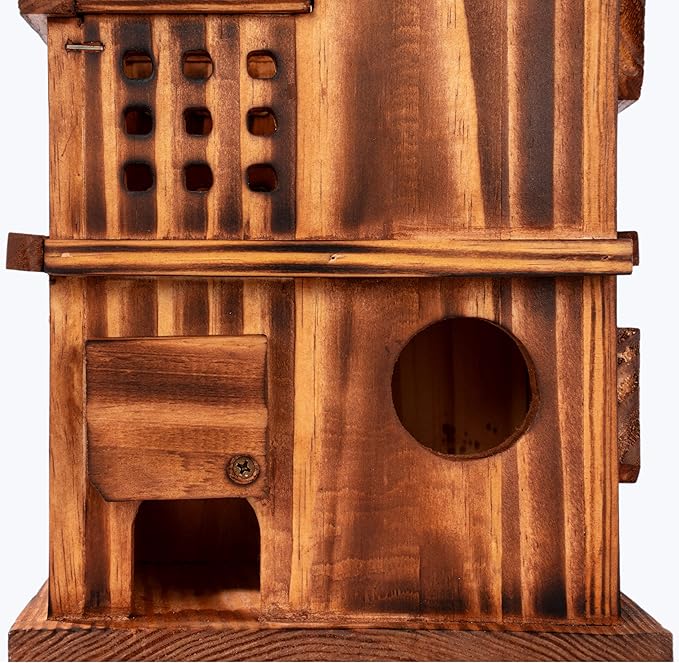 MIXUMON 8-Room Wooden Bird House with 2 Front Feeders – Large Outdoor Birdhouse for Multiple Birds, 1.57” Entrance Holes, Easy Access Cleaning Doors, Rustic Burnt Wood Design for Garden, Yard & Patio