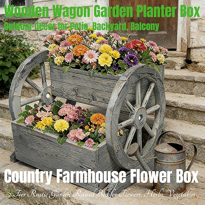 2 Tier Classic Wooden Wagon Planter Box|Outdoor Planter/Flower Pot for Indoor&Outdoor Plants-Rustic Garden Planter for Patio,Porch&Garden Decor-Raised Garden Bed for Succulents,Herbs,Vegetables