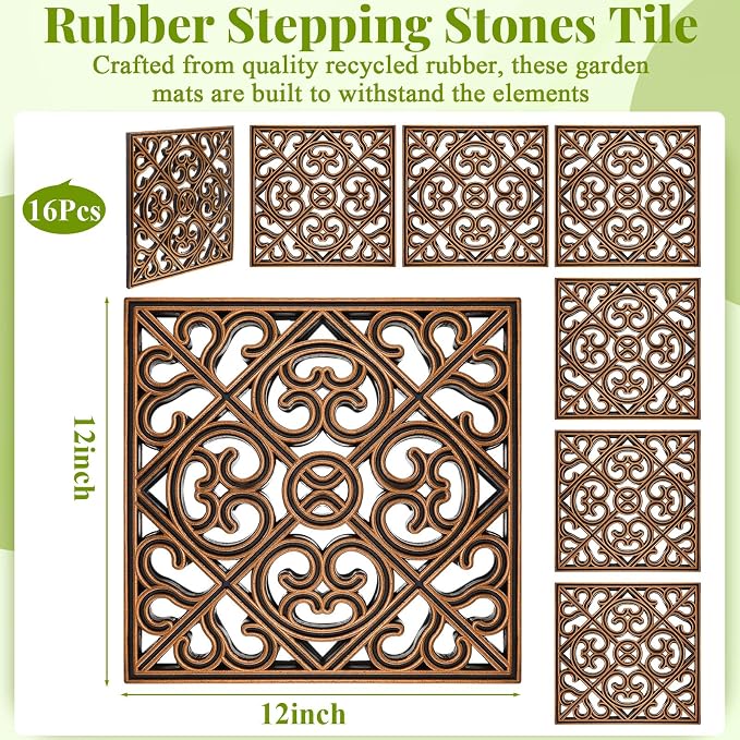 Pangda 8 Pcs Rubber Stepping Stones Outdoor Garden Walkway, 12 x 12 Inch Heavy Duty Pathway Pavers Retro Decorative Stepping Stones for Outside Landscaping Yard Lawn Path (Cross Square,Copper)