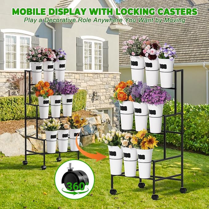 Flower Display Stand with 9 Buckets，3 Tier Metal Flower Cart Display Stand with Wheels, Flower Bar Stand for Garden Flower Shop Indoor Outdoor Wedding Party Decor