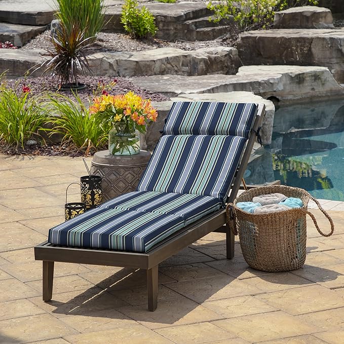 Arden Outdoor Chaise Lounge Cushion, 22 x 77, Rain-Proof, Fade Resistant Sapphire Aurora Blue Stripe