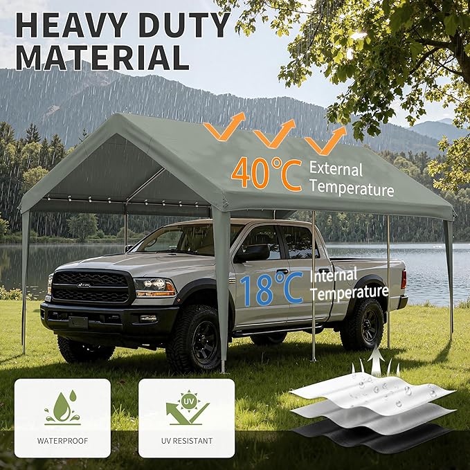 Carport Replacement Canopy Cover 12'x20' for Tent Top Garage Shelter Cover, 800D Heavy Duty Oxford Waterproof & UV Protected Car Canopy Tarp with Ball Bungees (Frame is not Included)