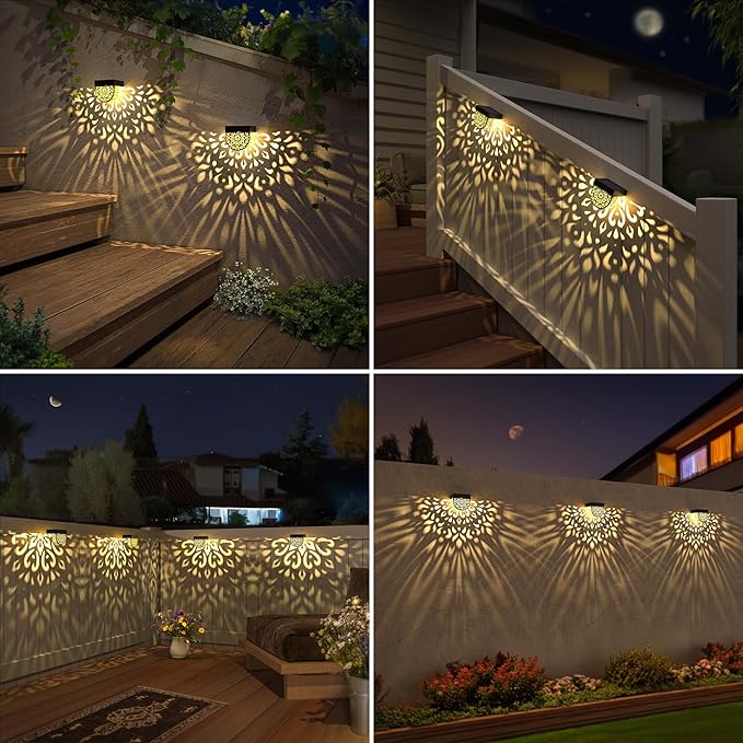 Solar Fence Lights 6 Pack Solar Deck Step Wall Lights Outdoor Waterproof LED Decorations Warm Yellow Light Decorative Lighting for Garden, Front Door, Backyard (Black 1)