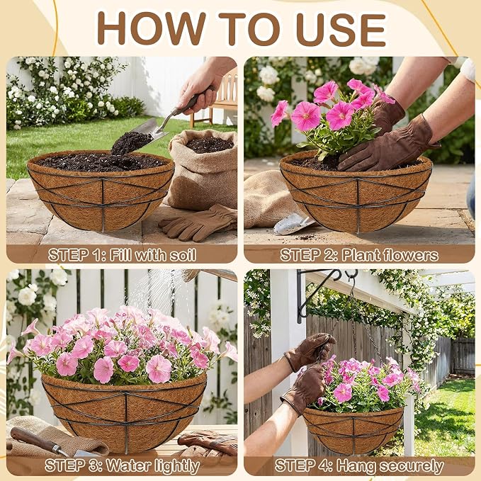 2 Pack 14 inch Metal Hanging Baskets for Plants Outdoor Metal Wire Hanging Basket Planter with Coco Fiber Liners Flower Pots for Home Porch Garden Patio, Diamond-Shaped