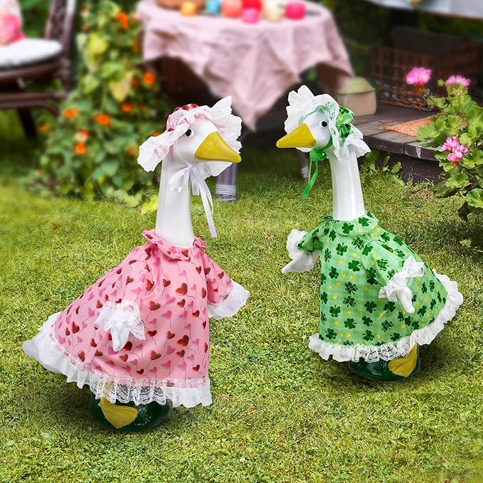 2 Sets Holiday Porch Goose Outfits for Valentine and St. Patrick,23" Porch Goose Clothes for Patio Yard Lawn Decor