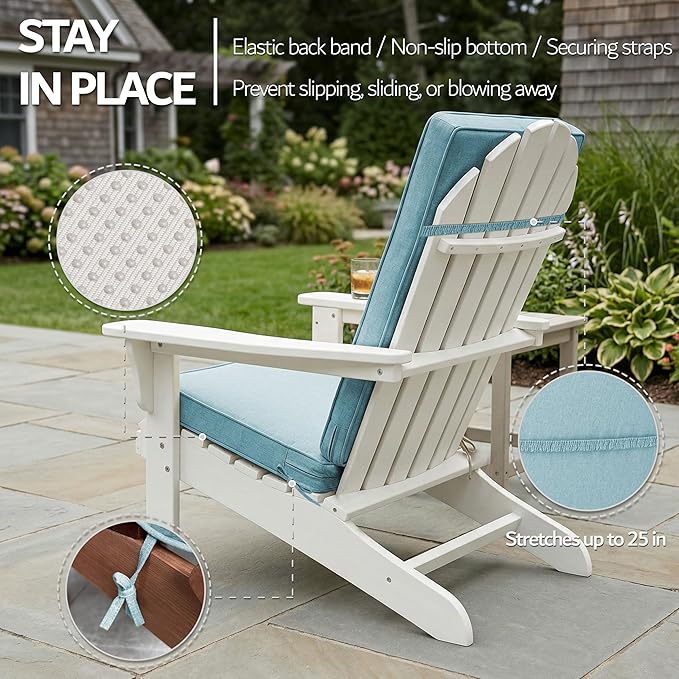 Adirondack Chair Cushion - Removable Cover, Water-Repellent & Fade-Resistant Faux Linen, Securing Straps, Non-Slip Bottom, Fit for Most Outdoor Adirondack & Rocking Chairs - Teal